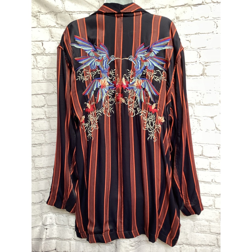 Free People Embroidered Hummingbird Striped Robe Jacket Black Orange Large - Picture 8 of 9